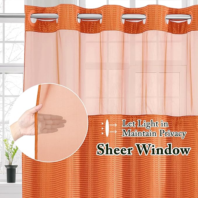 Gibelle Long Shower Curtain 72x80, Waffle Weave Bathroom Shower Curtain with Snap-in Fabric Liner Set, No Hooks Needed, Hotel Style with Mesh Top Window, Burnt Orange