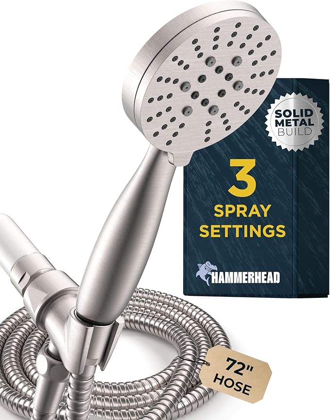 HammerHead Showers® Solid Metal 3-Spray Handheld Shower Head with Long Hose and Holder - BRUSHED NICKEL - 2.5 GPM High Pressure Shower Head with Handheld Sprayer - WIDE, MASSAGE, and MIST Sprays
