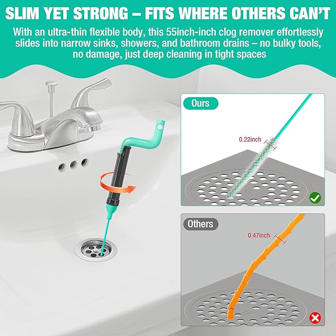 55inch Steel Core Drain Clog Remover Tool With Rotating Handle, Slim Snake Drain Hair Removal Tool For Narrow Pipes, Sinks, Showers, Toilets, Clears Hair, Blockages With Sink Drain Cleaner (5pcs)
