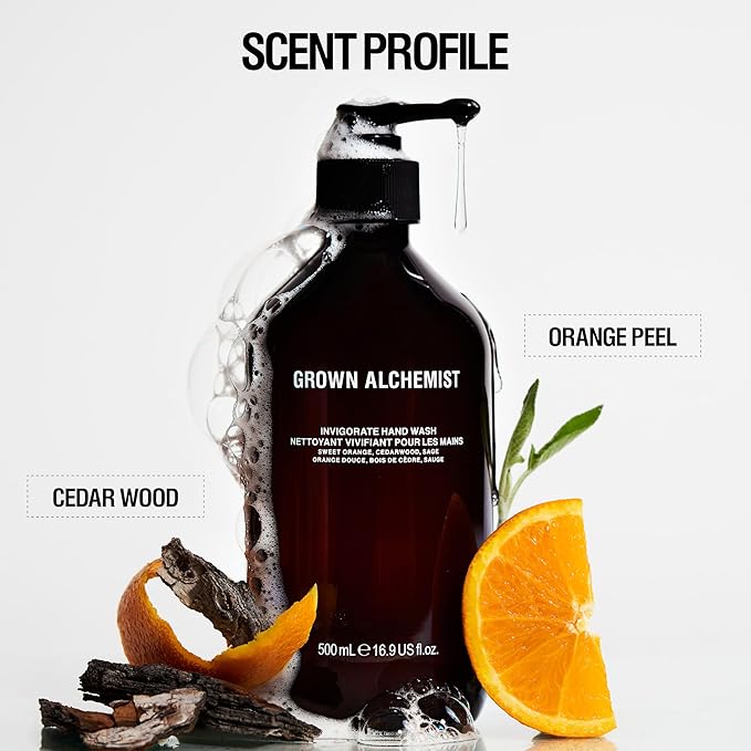 Grown Alchemist Invigorate Hand Wash – Liquid Hand Soap with Aloe, Sweet Orange, Cedarwood & Sage – Gentle, Moisturizing Kitchen & Bathroom Soap, Natural Plant Based Gel Cleanser, 300mL