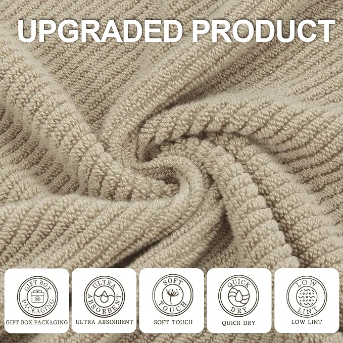 VOOVA & MOVAS Dark Beige Towels for Bathroom - 100% Cotton | Quick Dry | Soft | Thick, 3 Piece Towel Set, 1 Large Bath 30" x 56", 1 Hand 18" x 28",1 Wash Cloth 13" x 13", Bathroom Essentials,Dark Tan