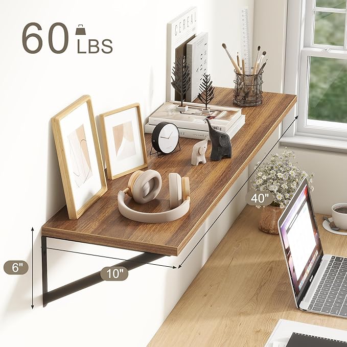 Fun Memories 40 Inch Floating Shelves, 10 Inch Deep Wall Shelf, 40 x 10 Floating Shelf Set of 2, Wood Floating Shelf Wall Mounted, Large Kitchen Living Room Bedroom Storage Shelves, Rustic Brown