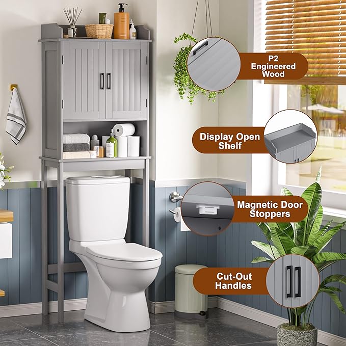 BlueWish Over The Toilet Cabinet, Bathroom Over Toilet Storage with Adjustable Shelves, Anti-toppling Design, Over Toilet Cabinet for Bathroom, Restroom, Laundry, Grey