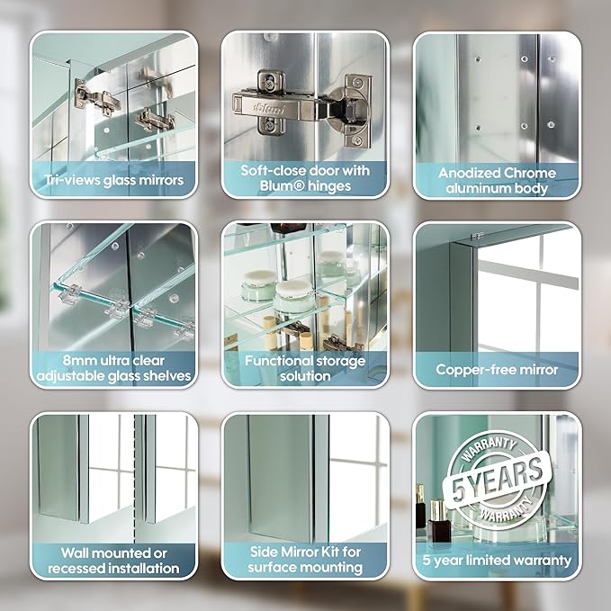 WELLFOR 12" x 30" Bathroom Medicine Cabinet, Anodized Chrome Aluminum Frame, Medicine Cabinet with Adjustable Glass Shelves, Bathroom Cabinet with Reverse Door Installation, Surface or Recessed Mount