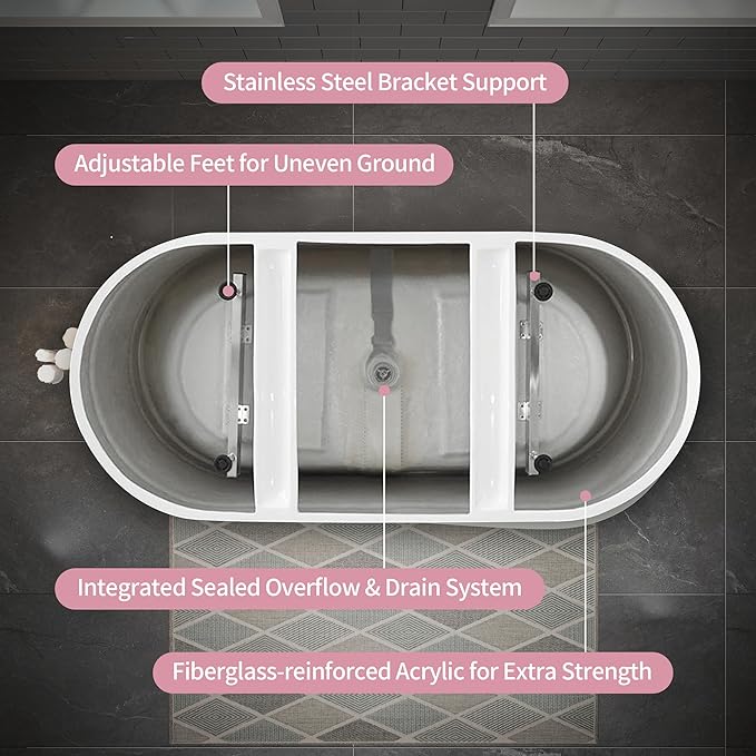 ABRUZZO 63" Acrylic Freestanding Bathtub - Oval Deep Soak Tub, Center Drain & Overflow, cUPC Certified Glossy White