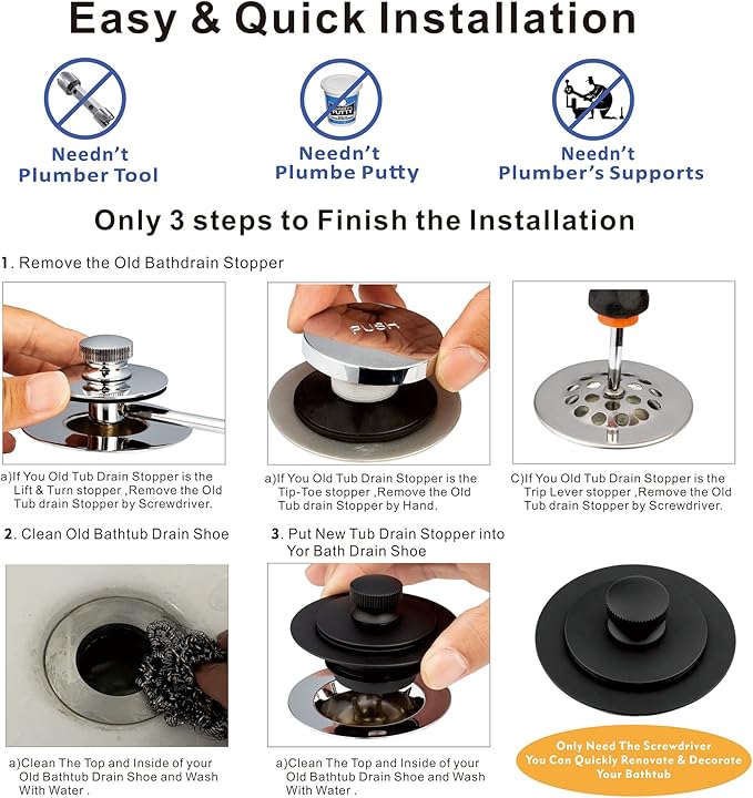 Artiwell Universal Lift and Turn Bath Drain Stopper and Cover, Bathtub Drain Stopper, Replaces Lift and Turn, Tip-Toe and Trip Lever drains for Tub, EZ Installation and Clearing (MATT Black)