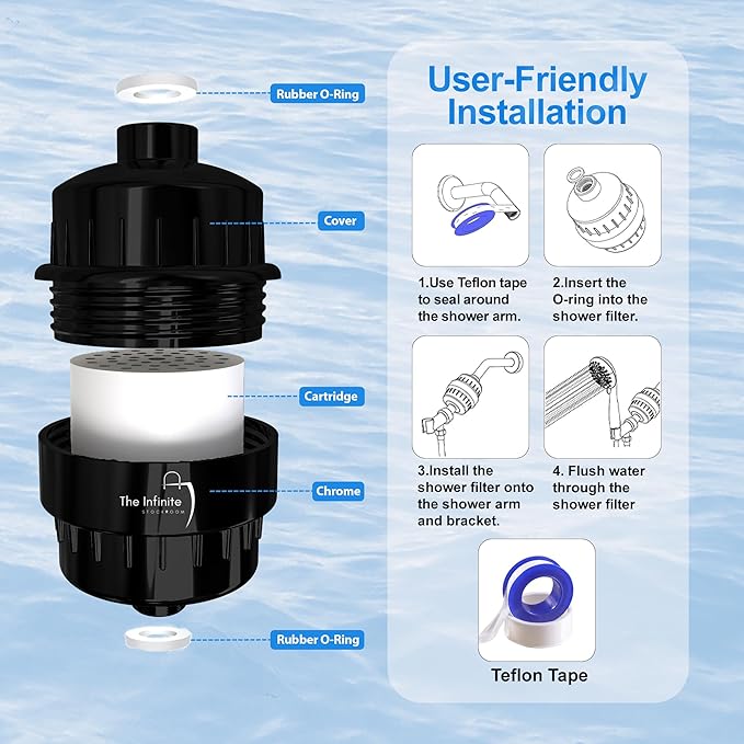 Shower Head Filter for Hard Water | 20-Stage High Output Shower Filter | Removes Chlorine and Fluoride to Help Reduce Dry Skin, Dandruff, and Hair Damage-Black