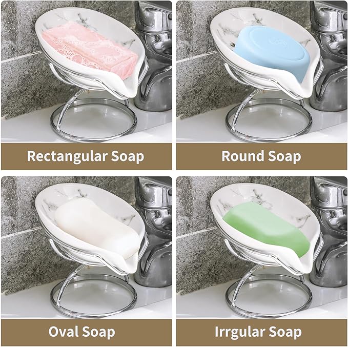 Leaf-Shaped Soap Dish – Ceramic Soap Bar Holder with Self-Drainage System – Bar Soap Holder for Shower, Bathroom Sink, Kitchen – Soap Dish with Stainless Steel Stand (White-Sliver-2 Pack)