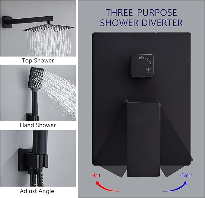 Black Shower Faucet Set, Bathroom Shower System 10 Inch Rain Shower Head and Handheld Wall Mounted, 3-Setting Handheld Shower Faucets Sets Complete with 2 Way Pressure Balance Shower Valve Kit