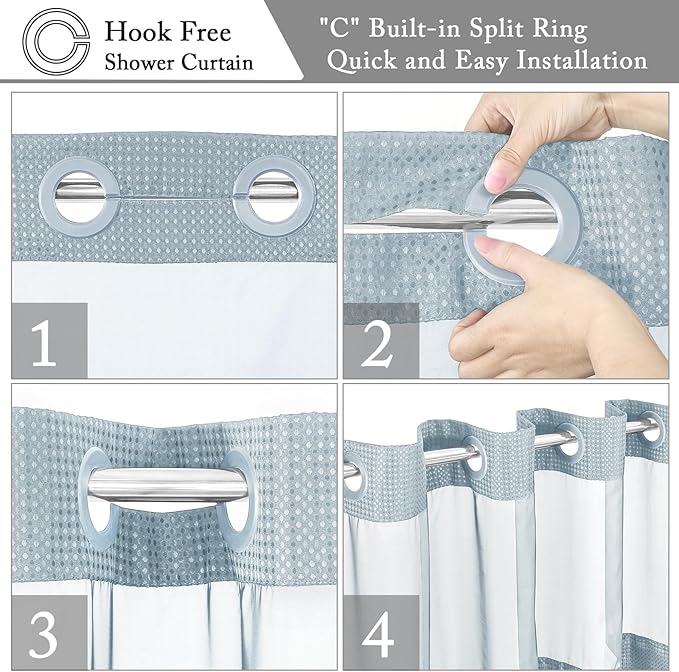 Gibelle Long Shower Curtain 72x80, Waffle Weave Bathroom Shower Curtain with Snap-in Fabric Liner Set, No Hooks Needed, Hotel Style with Mesh Top Window, Fog Blue
