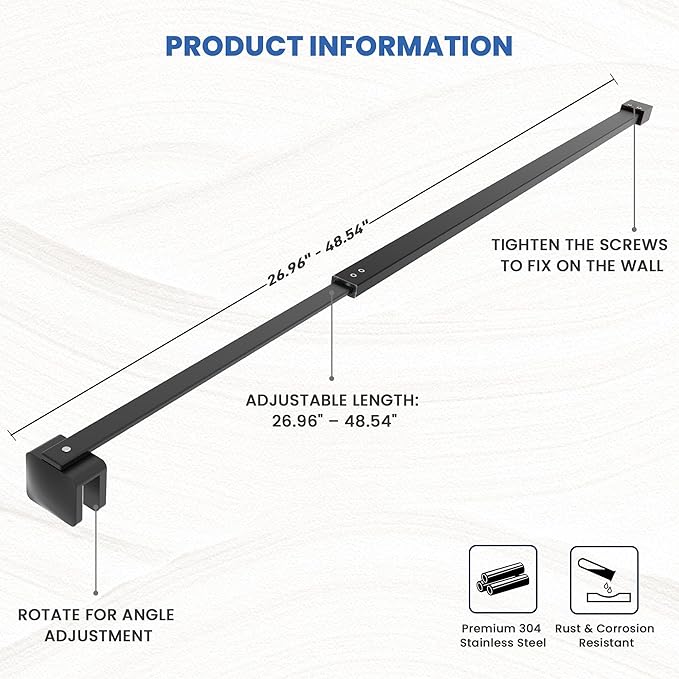 Shower Door Glass Support Bar, 26.96" to 48.54" Adjustable Stainless Steel Wall-to-Glass Shower Stabilizer Rod for 1/4", 5/16", 3/8", Matte Black
