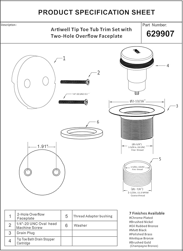 Artiwell Tip-Toe Bathtub Drains Trim Set with Two-Hole Overflow Faceplate, Replacement Bath Drain Trim Kit with 2-Hole Overflow Faceplate and Universal Fine/Coarse Thread (POLISHED BRASS)