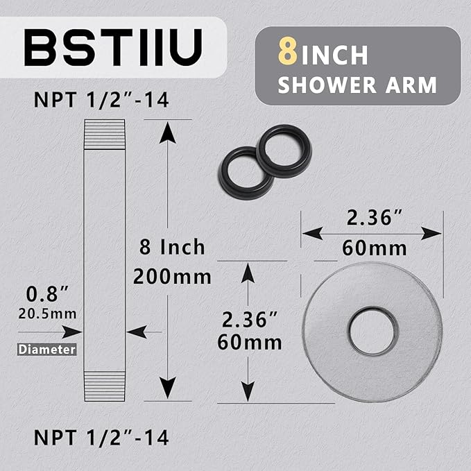 8 Inch Shower Arm with Flange, Ceiling Mounted Shower Head Extension Arm, 1/2 NPT Straight Arm for Rain Shower Head, Stainless Steel Shower Head Extension Replacement Pipe Arm, Brushed Nickel