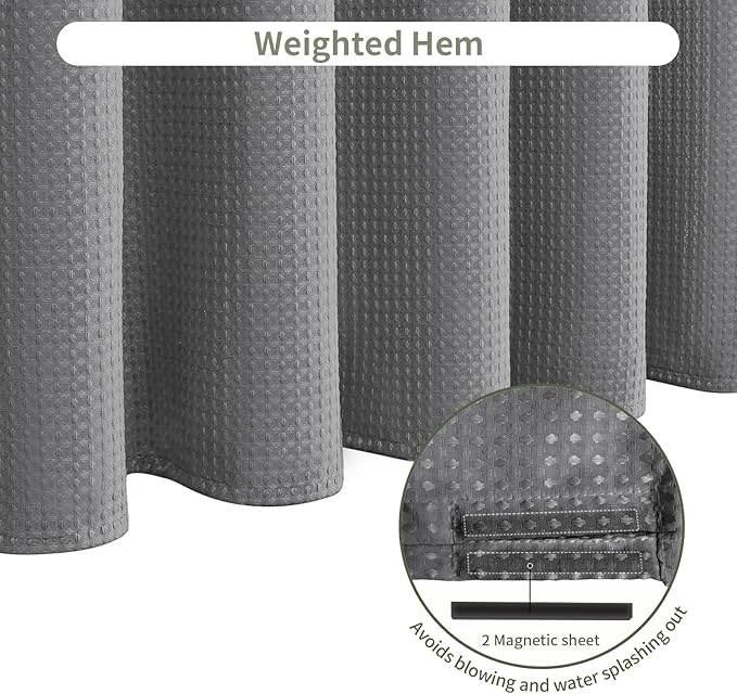 Inhousolu Fabric Shower Curtain Waffle Weave, 230 GSM Heavy Duty, Weighted Hem, 14 Metal Hooks, Water Repellent, Machine Washable, Hotel Spa Luxury Bath Curtain Set, 72 x 96 Inch, Grey