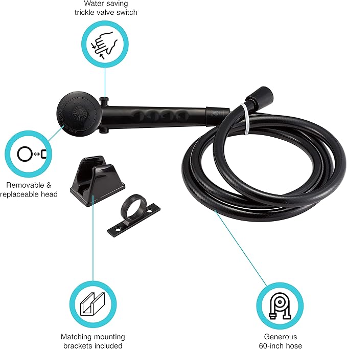 Dura Faucet DF-SA130-MB Economical Shower Head and Hose Kit, Handheld Shower Wand with Flow Control Trickle Switch (Black)