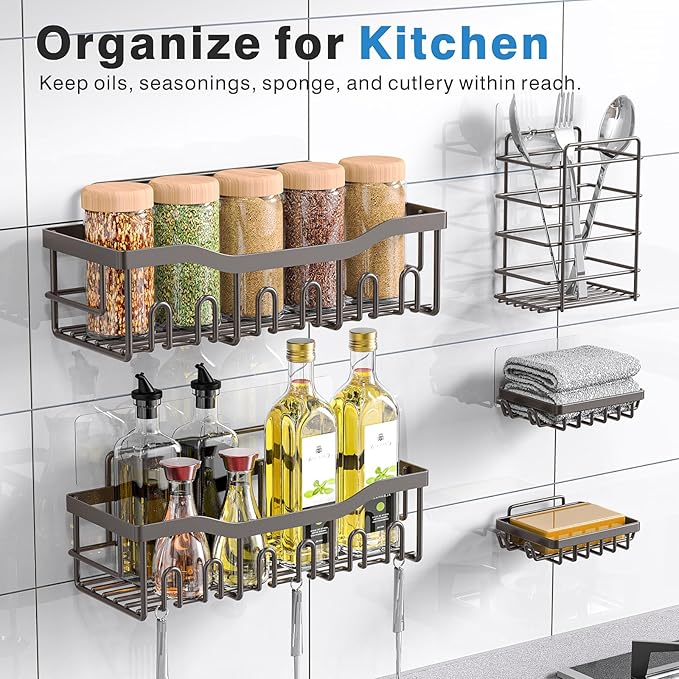 EUDELE 5-Pack Rustproof Stainless Steel Shower Caddy – No Drill Adhesive Bathroom Organizer with Large Capacity, Spacious Shower Shelves for Inside Shower, Kitchen & Home Decor Storage-XL Size