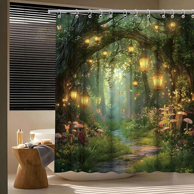 Fantasy Forest Path Shower Curtain Fairy Magical Enchanted Misty Jungle Mushroom Floral Tree Butterfly Lantern Wonderland Plant Bath Curtain Fabric Bathroom Accessories Decor with Hooks 55W x70L