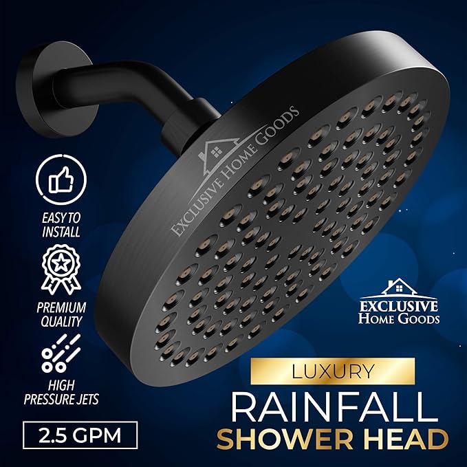 Heatsistence Rainfall Shower Head - 6" High Pressure Shower Heads 2.5 GPM Matte Black Shower Head with Anti-Clog 90 Rubber Jets - 360° Rotation Adjustable Shower Head - Rustproof Bathroom Shower Head