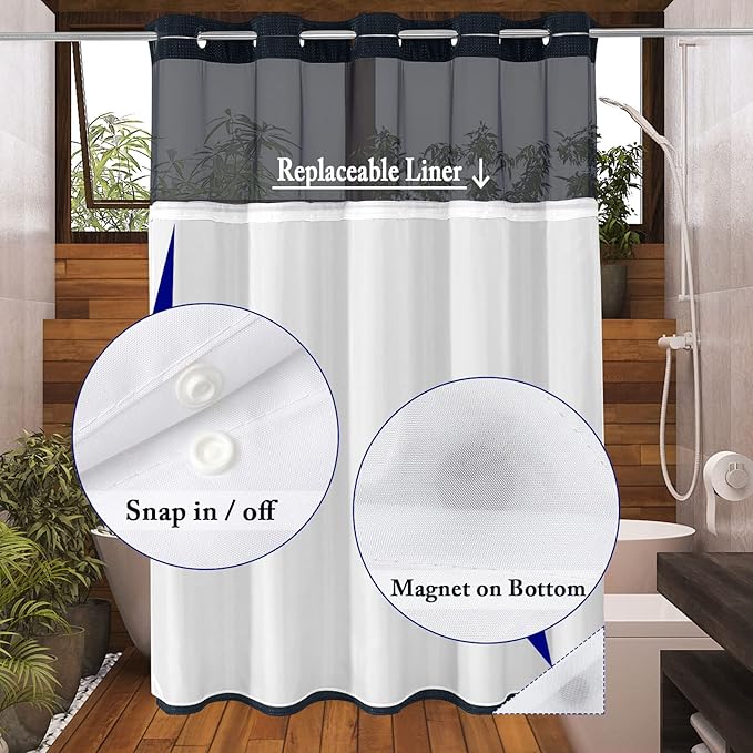 Gibelle Long Shower Curtain 72x80, Waffle Weave Bathroom Shower Curtain with Snap-in Fabric Liner Set, No Hooks Needed, Hotel Style with Mesh Top Window, Navy Blue