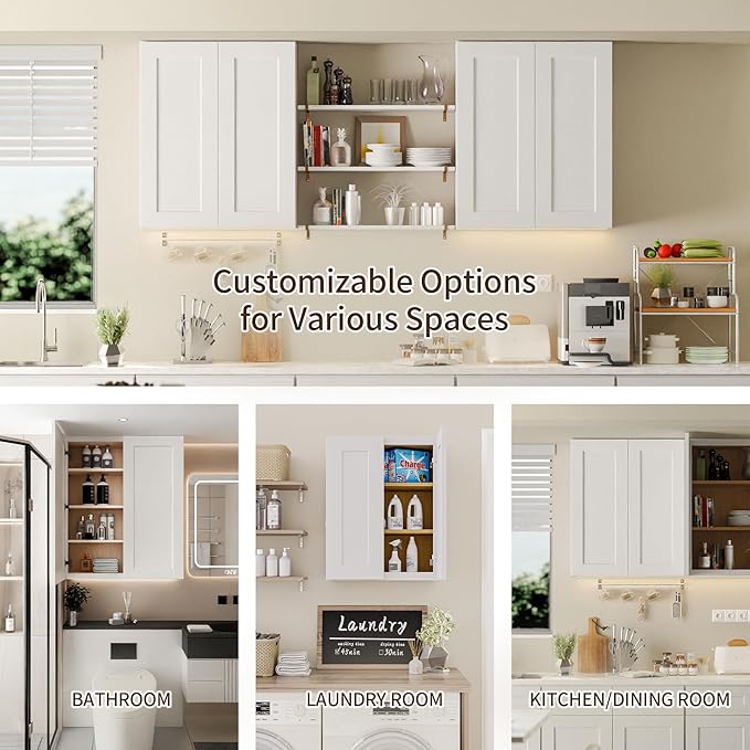 Solid Wood Kitchen Wall Cabinets, 24 Inch Wide Over The Toilet Storage Cabinet, Bathroom Organizer Cabinets with 2 Shaker Door & 3 Shelves, Easy Assembly for Dining Room, Laundry - White