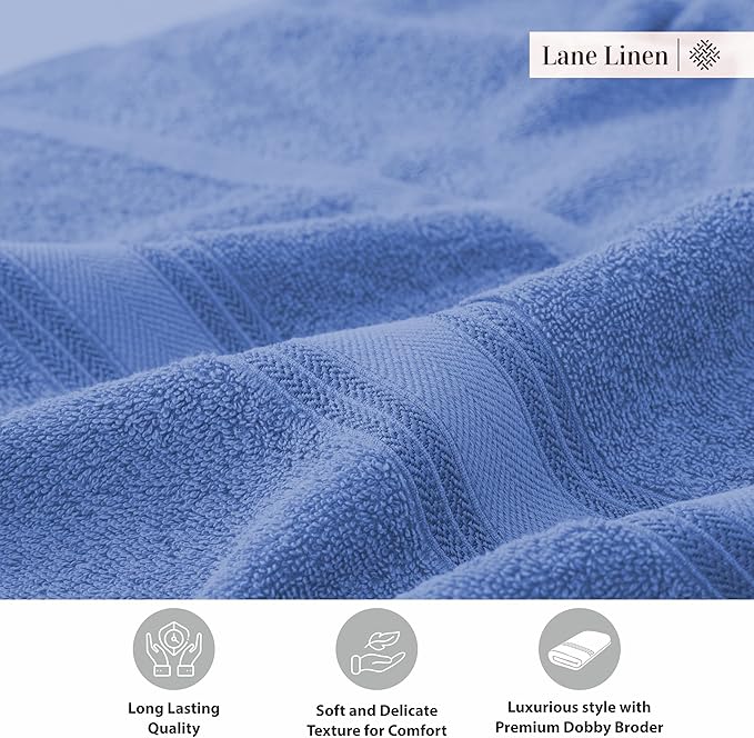 LANE LINEN 100% Cotton 4 Pack Bath Towels (28"x54") - Zero Twist, Mercerized Cotton Bathroom Towels Set - Quick Dry, Soft & Absorbent Large Bath Towels - Machine Wash in Cold Water - Cerulean Blue