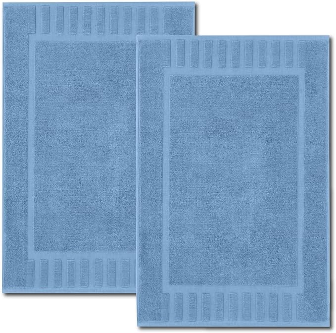 White Classic Luxury Bath Mat Floor Towel Set - Absorbent Cotton Hotel Spa Shower/Bathtub Mats [Not a Bathroom Rug] 22"x34" | 2 Pack | Light Blue