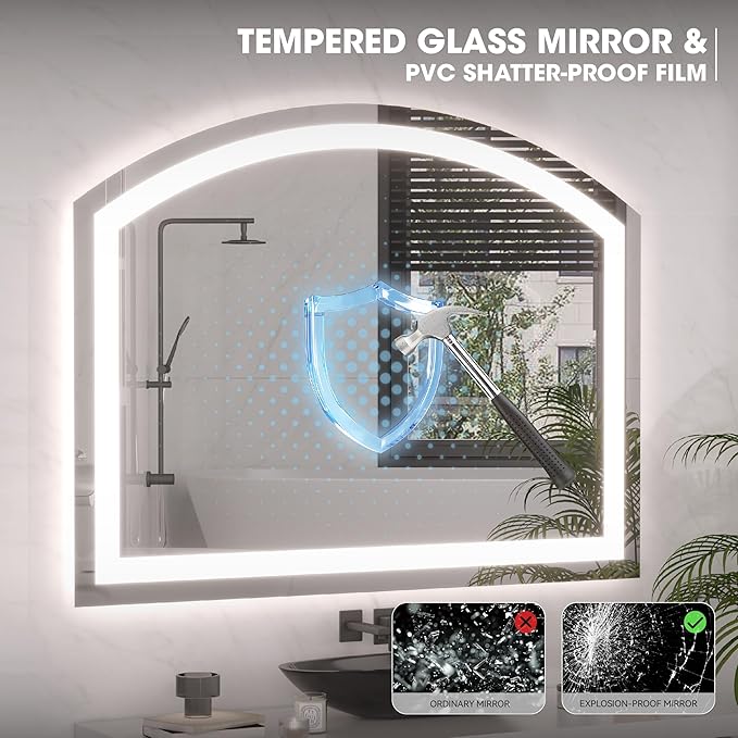 Hasipu 36" x 28" Arch LED Bathroom Mirror, Frontlit Wall-Mounted Vanity Mirror with Lights, Defogging, Smart Touch, Dimmable 3 Color Modes, Safety Shatterproof Glass Coating