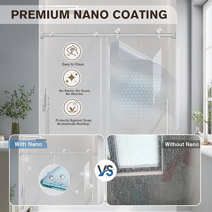 Frameless Glass Shower Door, 43-48" W x 76" H Sliding Frameless Shower Door, 1/4''(6mm) SGCC Tempered Glass, Explosion-Proof Film Nano Coating, Stainless Steel Hardware, Brushed Nickel