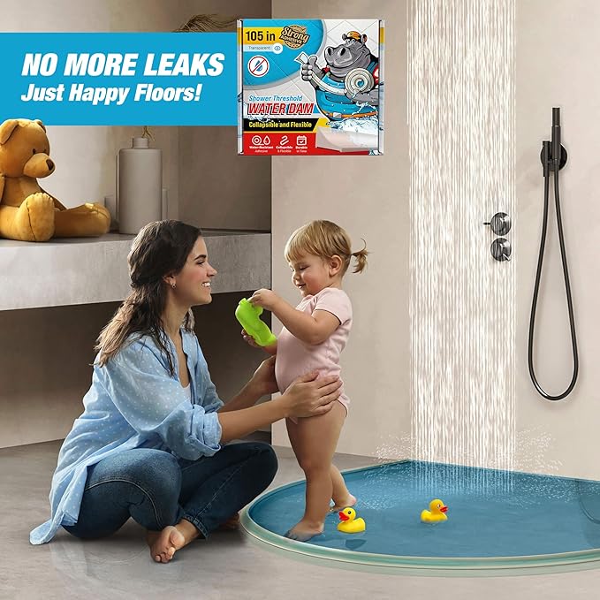 Shower Threshold Water Dam Barrier 105" - Transparent Collapsible Shower Water Blocker - Guard for Walk in Shower - Water Guard Stopper for Floor - Shower Door Water Blocker by Hippo Dam