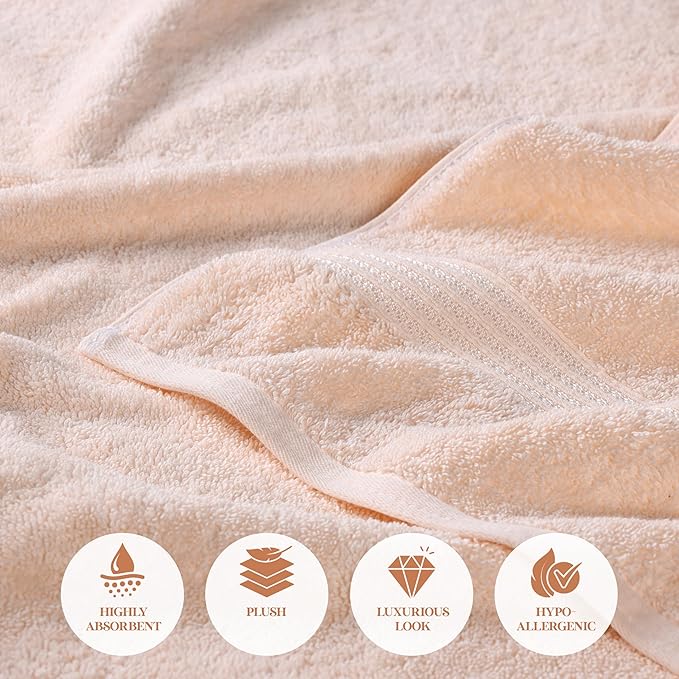 Superior Egyptian Cotton 4-Piece Bath Towel Set for Shower, Bath, Spa, Resort, Hotel, Soft Body Towels, Airbnb Essentials, Apartment, Dorm, Quick Dry, Absorbent, Bathroom Basics, Peach