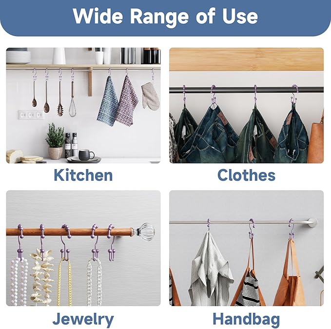 Titanker Shower Curtain Hooks Rings, Rust-Resistant Metal Double Glide Shower Hooks for Bathroom Shower Rods Curtains, Set of 12 Hooks - Greyish-Purple