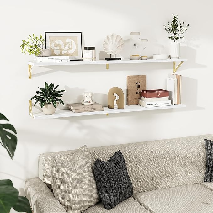 Dreamland 8 inch Deep Floating Shelves for Wall, 55 inch Long White Wall Mounted Shelves Set of 2, Wide Ledge Shelf with Gold Sturdy Metal Brackets for Living Room, Bathroom, Bedroom and Kitchen