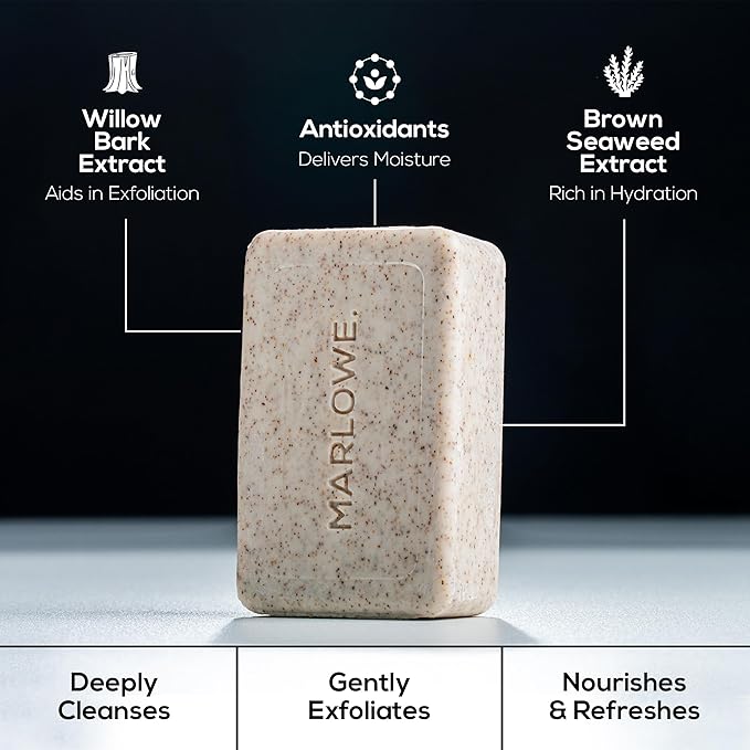 MARLOWE. No. 102 Body Scrub Soap 7 oz (12 Bars), Santal, Exfoliating Soap Bar with Shea Butter, Olive Oil & Green Tea Extracts, Cleanses, Smooths & Revitalizes Skin, Warm Amber, Spice & Citron Scent