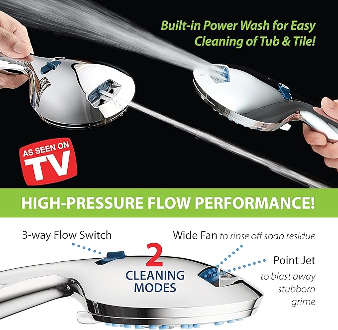 Hotel Spa AquaCare As-Seen-On-TV High Pressure 48-setting Rain & Handheld 3-way Shower Head Combo - Anti-clog Nozzles/Tub, Tile & Pet Power Wash/Extra Long 6 ft. Hose/All Chrome Finish