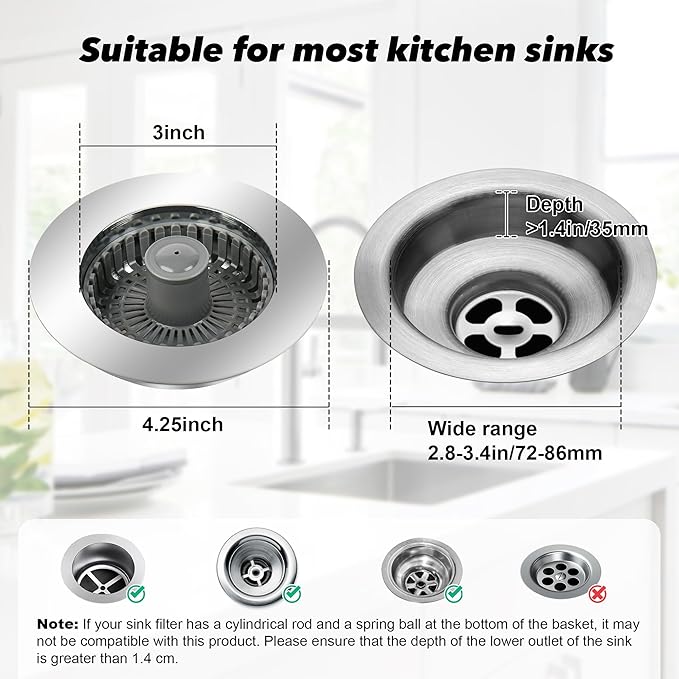 Elegant Brass Kitchen Sink Stopper with 3-in-1 Function - Easy-Clean Bounce core Strainer, Perfect for Standard Sink Drain, Durable Kitchen Sink Drain Strainer（Silver）