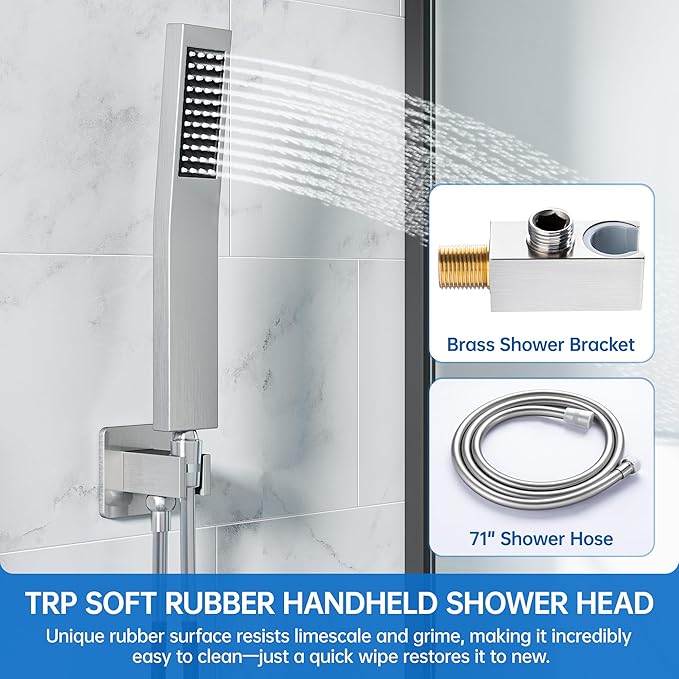 10 Inch Luxury Rain Shower Faucet Set, Brushed Nickel Shower System with Rainfall Shower Head and Handheld Spray, SUS304 Stainless Steel and Solid Brass Wall Mounted Shower Valve Trim Kit