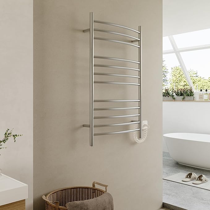 HEATGENE Electric Towel Warmer with Built-in Timer & Temperature Control, Wall-Mounted 12-Bar Large Towel Rack, Plug-in/Hardwired Heated Towel Rail for Bathroom - Brushed