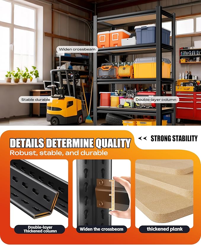 AOARGG Set of 2 Storage Shelves, 2500LBS Heavy Duty Garage Shelving, 5-Tier Metal Shelf, Adjustable Shelving Unit, for Kitchen, Basement, Warehouse, Pantry, 19.7" Dx45.6 Wx78 H, Black