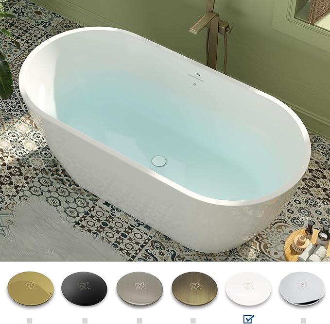 FerdY 59" Bali Elite Acrylic Freestanding Bathtub, Gracefully Shaped Freestanding Soaking Bathtub, cUPC Certified, Toe-Tap White Drain and Minimalist Linear Design Overflow Included