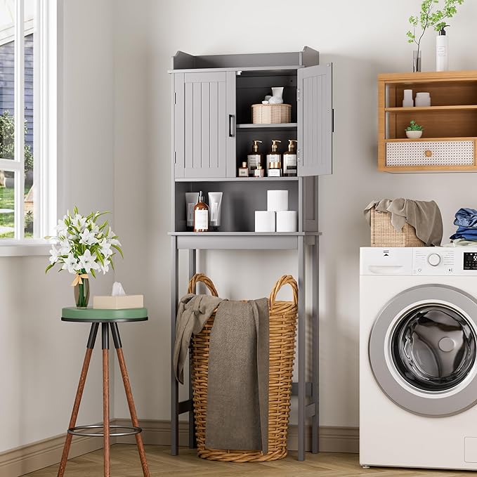 BlueWish Over The Toilet Cabinet, Bathroom Over Toilet Storage with Adjustable Shelves, Anti-toppling Design, Over Toilet Cabinet for Bathroom, Restroom, Laundry, Grey