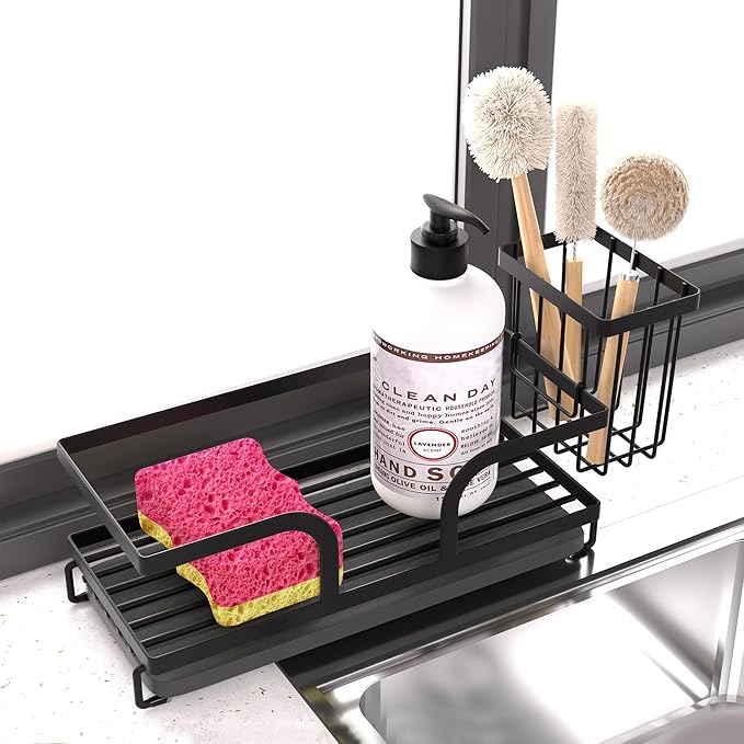 Sponge Holder for Kitchen Sink,Sink Caddy Organizers with Stone Drying Tray, Kitchen Sink Organizer for Sponges, Soap, 9.7" x 4.2"x 3.2" Home Decor Storage and Organization,2PCS Black