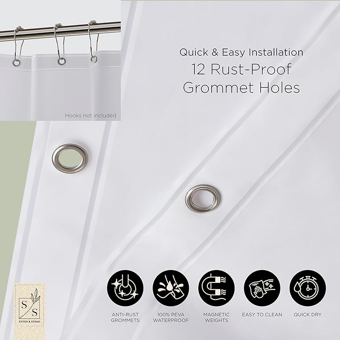 Stitch & Stone Shower Curtain Liner, Premium Extra Lightweight Durable Waterproof 3g PEVA for Bathroom with Weighted Magnets, Standard Size 70" x 72" Frosty 1 Pack