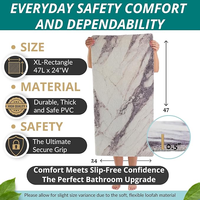 Anti Slip Shower Mat - Non Slip Shower Mats for Inside Shower - Large 47x24 Loofah Shower Floor Mat Non Slip - Bath Mat for Shower - Secure Mat Without Suction Cups (47x24 Marble Grey)