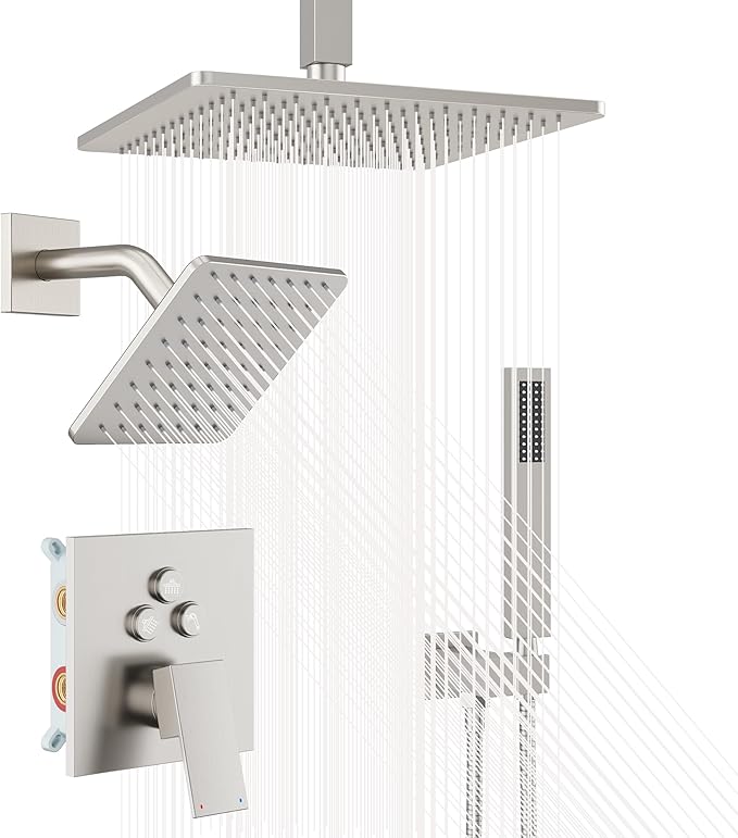 Nickel Shower System, Brushed Nickel Shower Faucet Set, 10'' Ceiling Shower Head, 6'' Wall Mounted Shower Head, 3 In 1 Push Button Shower Valve Kit, Waterfall ShowerHead with Handheld, Brushed Nickel