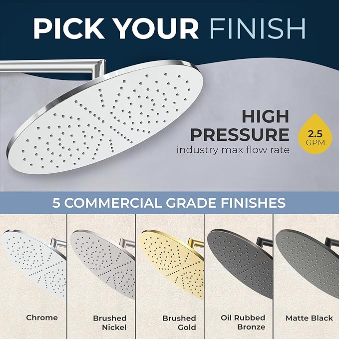 HammerHead Showers® Solid Metal 12 Inch Rainfall Shower Head, Large Rain Shower Head, 2.5 GPM High Flow Shower Head Optimized for Pressure, Wall-Mounted or Ceiling Rain Shower Head, Brushed Gold