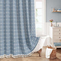 MitoVilla Blue Boho Extra Long Shower Curtain 72 x 84, Modern Farmhouse 84 inch XL Polyester Linen Texture Tassel Fabric Shower Curtain Set with Hooks for Cottagecore Country Bathroom Decor