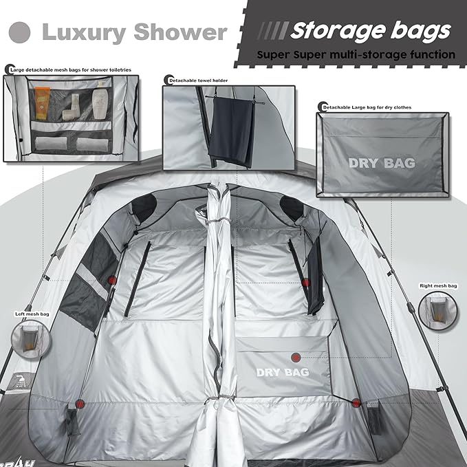 Camping Shower Tent Deluxe Changing Room Easy Set Up Privacy Shelter,Large Toilet Tent with Floor Drain Design for Beach, Camping,Hiking with Stakes and Ropes for Stability