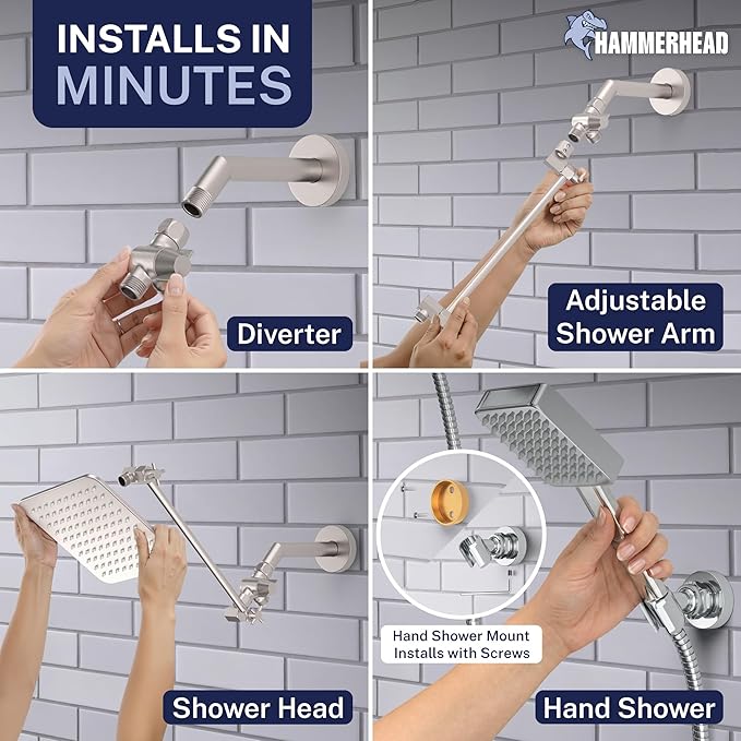 HammerHead® Solid Metal Dual Shower Head Combo — 8" Square Rain Shower Head with Handheld, 12" Adjustable Arm & Wall-Mount Holder for Flexible Installation — Brushed Nickel