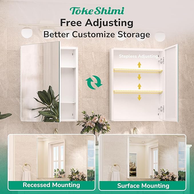 TokeShimi 48x26 Recessed Medicine Cabinet with Mirror Aluminum, Tempered Frameless Bathroom Mirror with Storage Adjustable, White Wall Mounted Medicine Cabinet for Bathroom Farmhouse