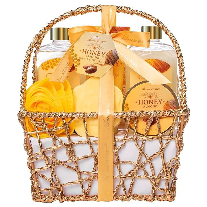 Gift Baskets , Spa Gifts for Women, 8pcs Honey Almond Bath Gift Set for Women, Relaxation Self Care Spa Kit W/Bath Bomb, Bubble Bath, Mom Birthday Gifts, Christmas Gifts Thank You Gifts